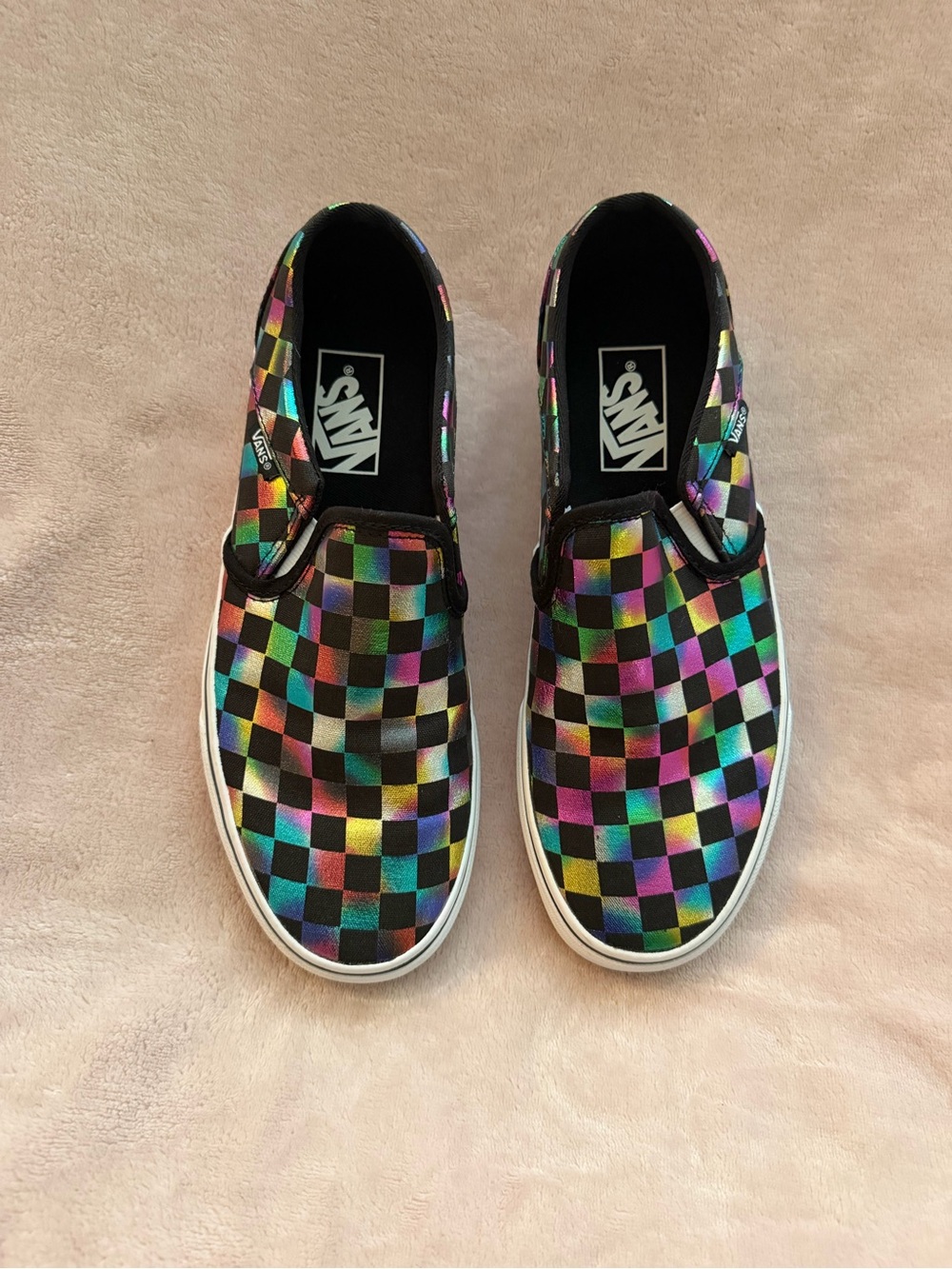 Vans Women’s Asher Black Iridescent Checkerboard Slip-On Sneakers